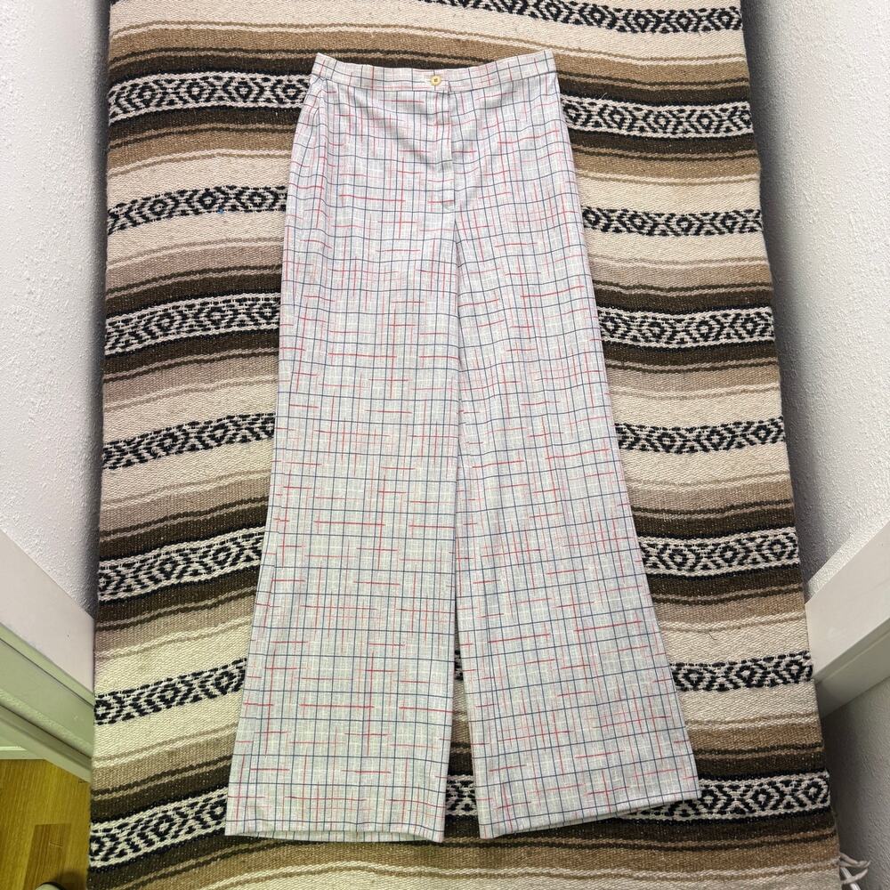 Women's Vintage 1970's John Meyer Gray Red Grid Flare Trousers Pants Sz 28 x 29